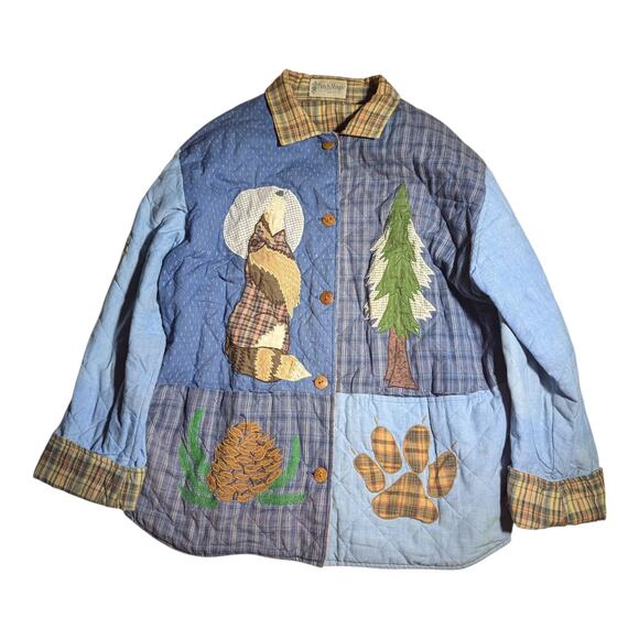 Vtg 1990s Patch Magic Blue Brown Wolf Applique Quilted Button Up Jacket Sz L - Picture 1 of 4